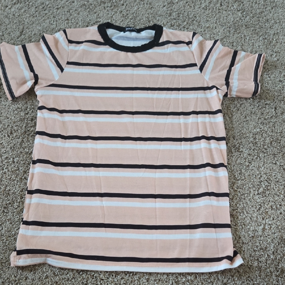 Boohoo Peach and Black Striped Tee